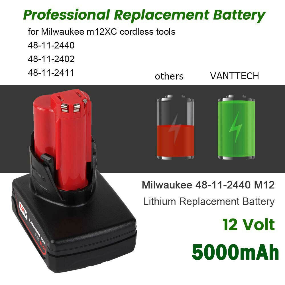 2PCS 12V 5.0Ah For Milwaukee for M12 Battery 12Volt Extended Capacity 48-11-2460