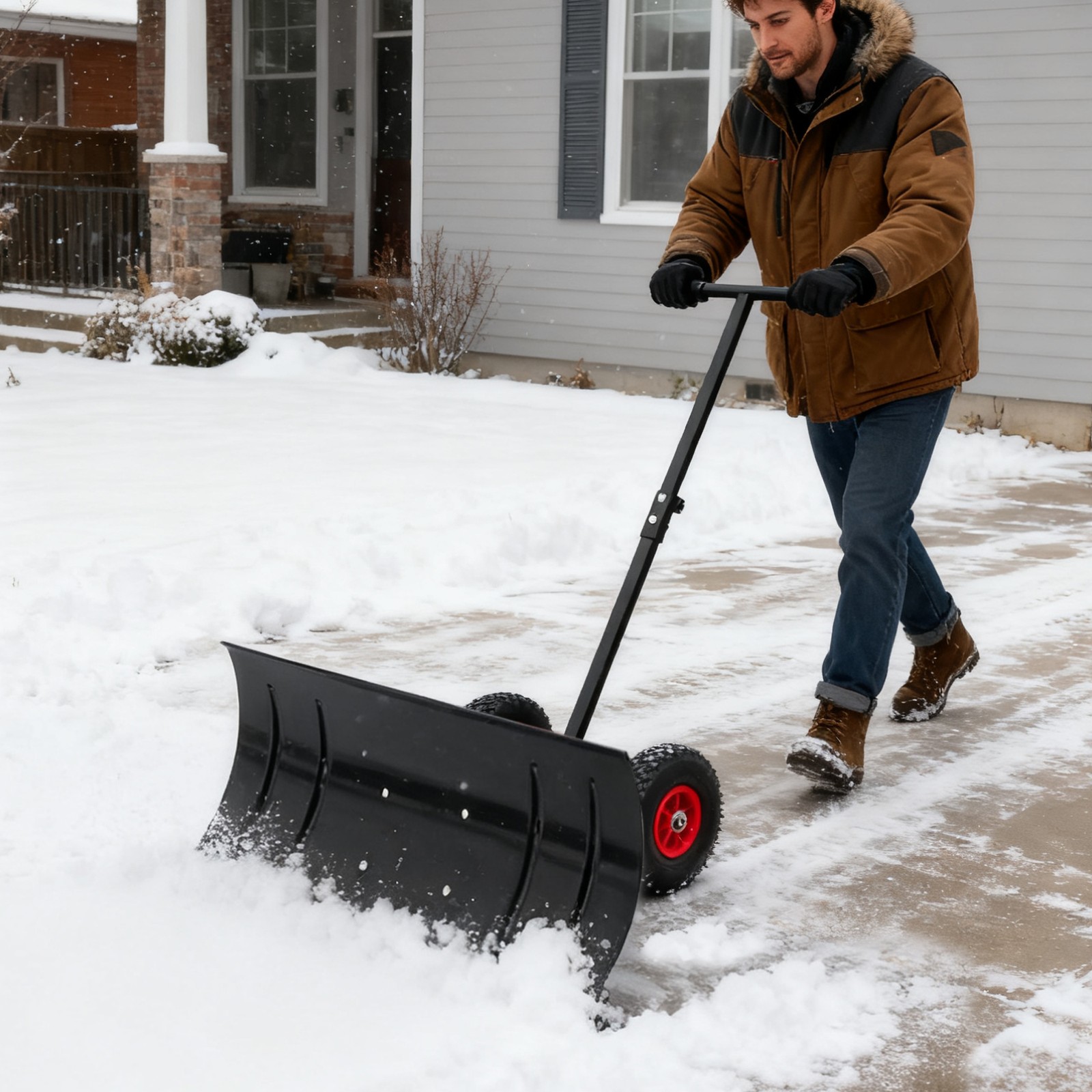 Snow Shovel Pusher w/ Adjustable Handle & Wheels for Driveway Snow Removal New