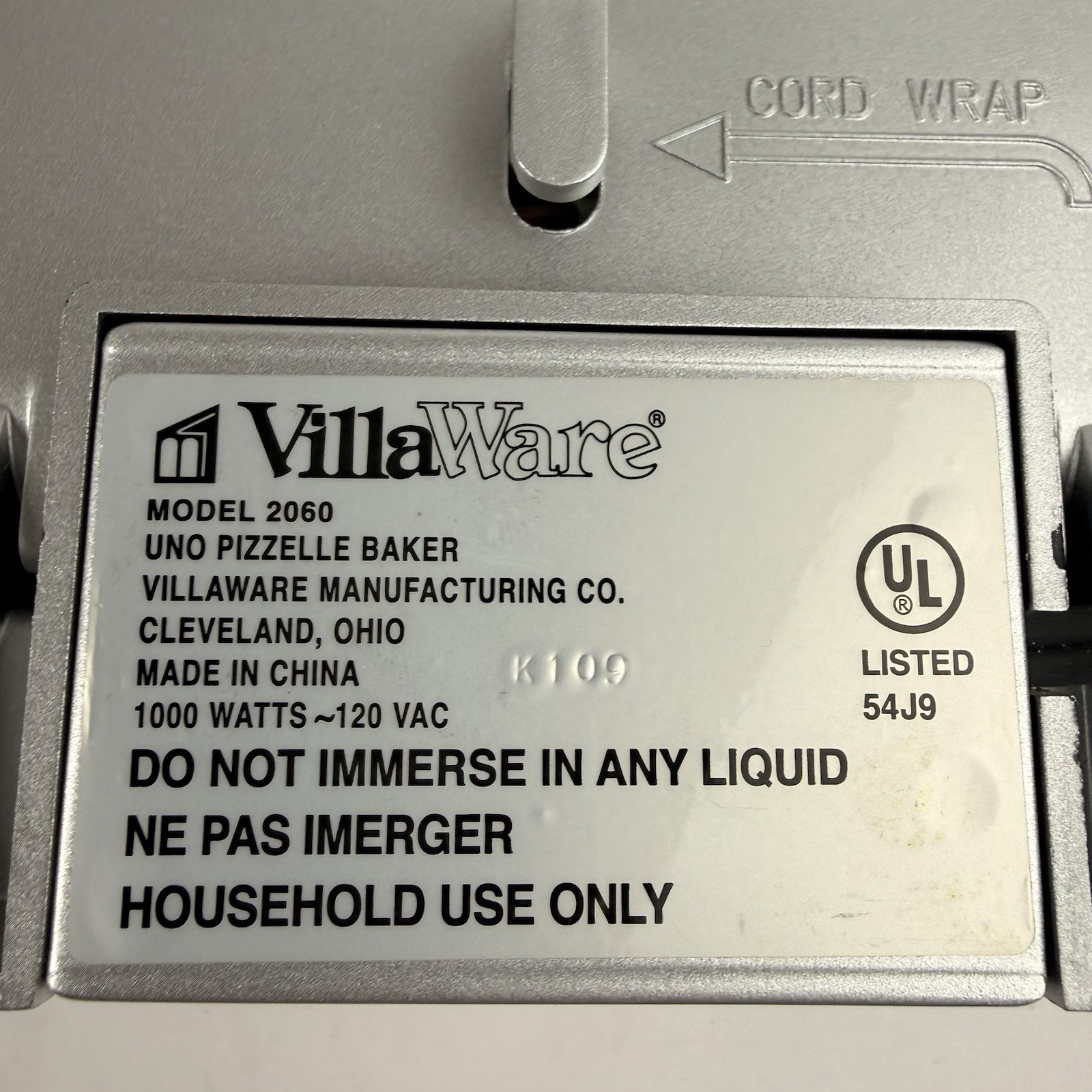 VillaWare Uno Pizzelle Baker Model 2060 Italian Cookie Maker Non-Stick Clean