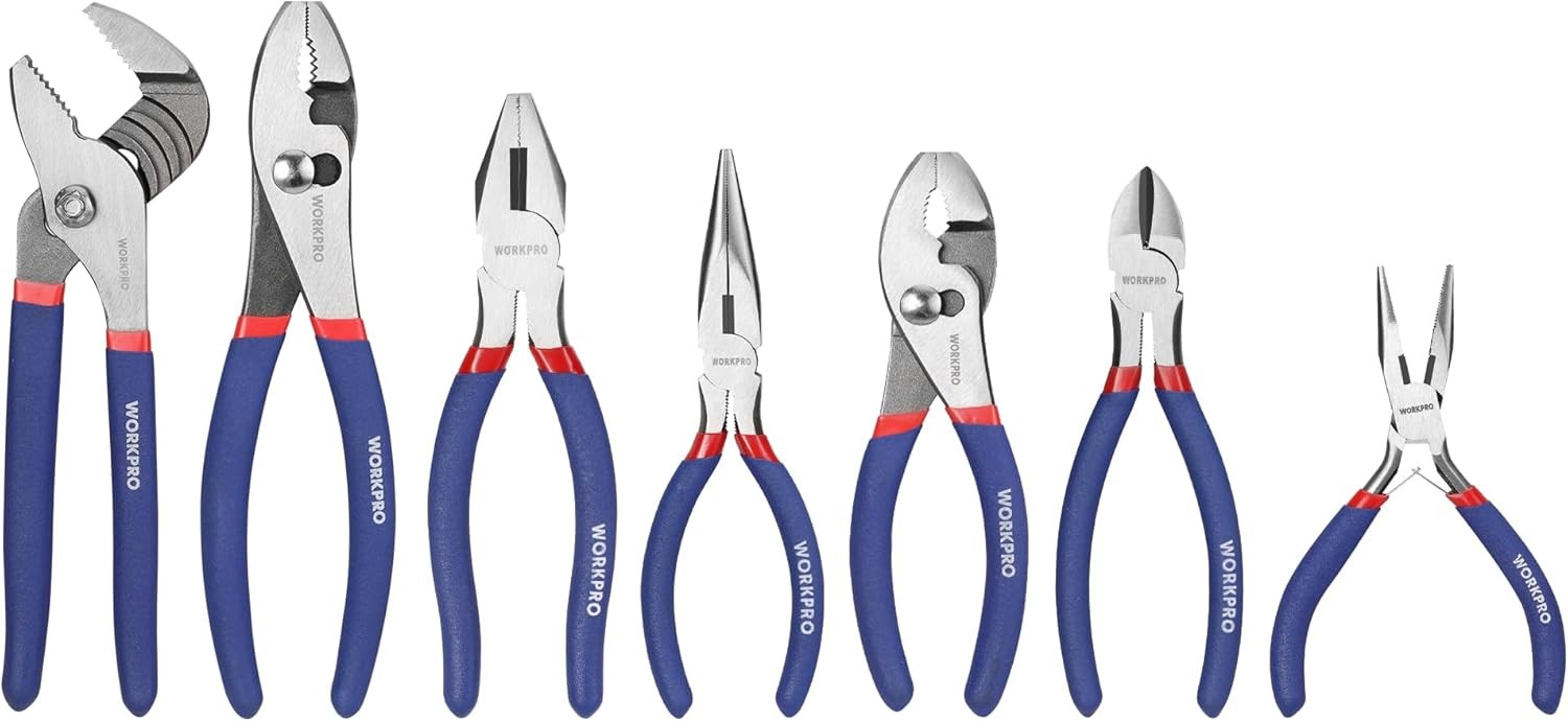7PCS WORKPRO Plier Set Groove Joint Long Nose Slip Joint Linesman Diagonal Plier