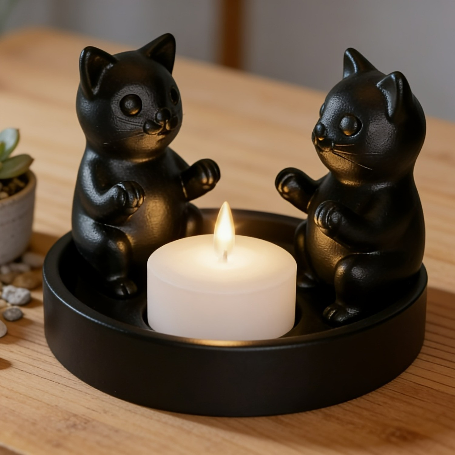 Desktop Plastic 3D Printing Black Cat Candle Holder With Larger Base 2.56*3.43in