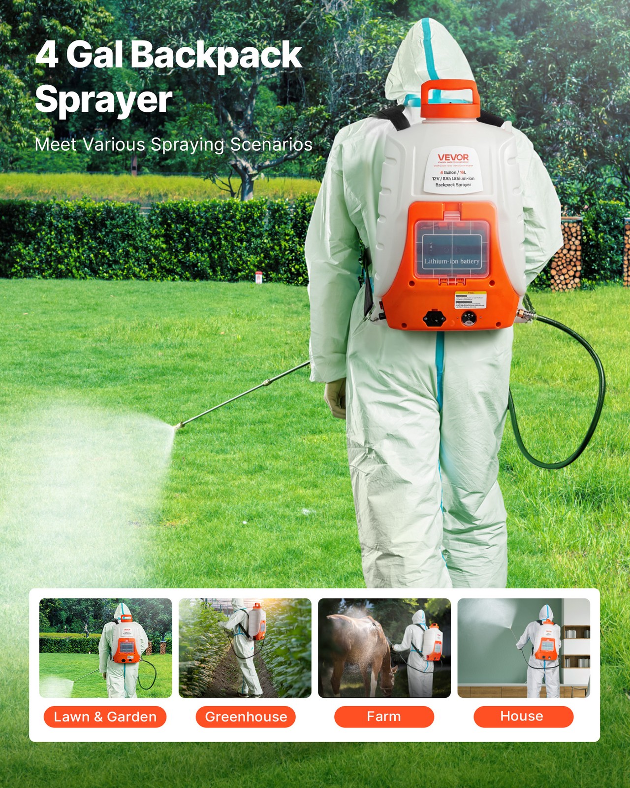 VEVOR Battery Powered Backpack Sprayer 4 Gal Tank 0-90 PSI Adjustable Pressure