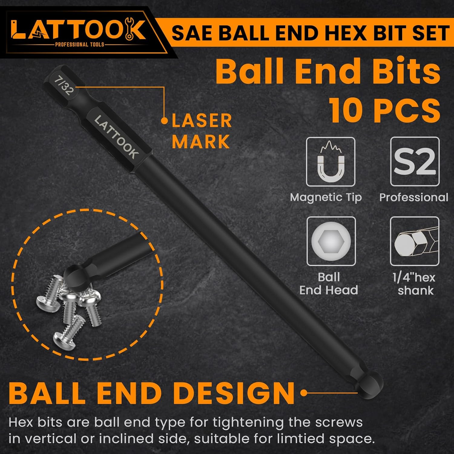Ball End Hex Head Allen Drill Bit Set, 10PCS SAE 5/16” to 5/64” Ball End Hex B