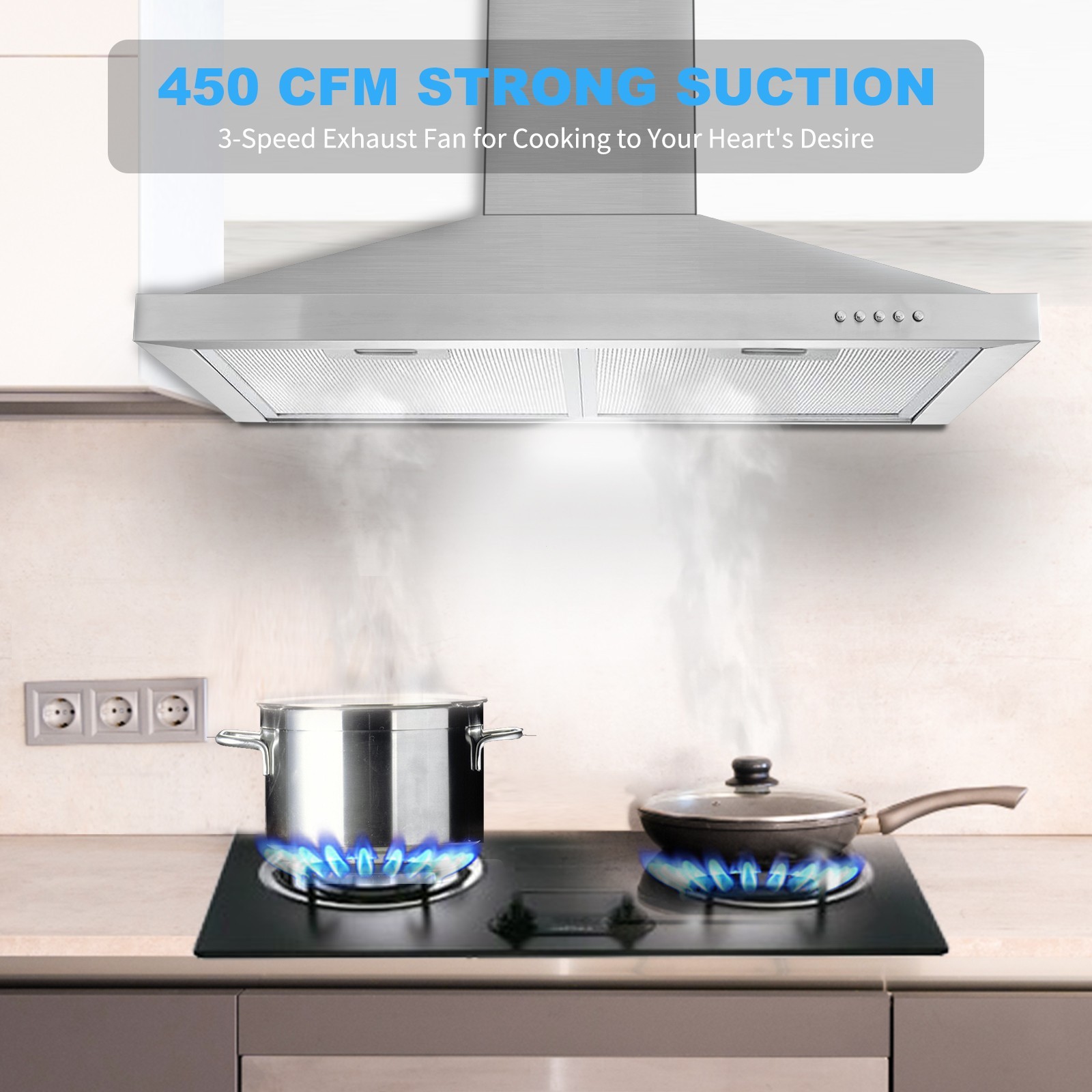 30 in Wall Mount Range Hood Stainless Steel 450CFM Convertible Kitchen Vent New
