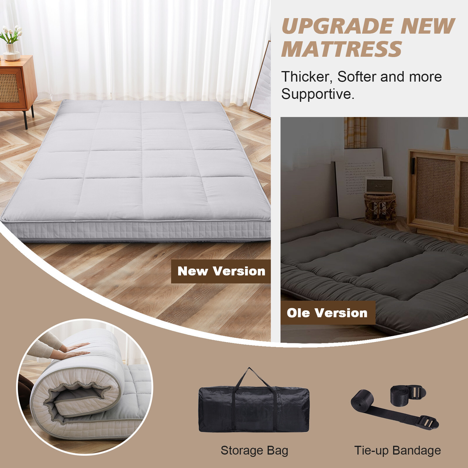 Extra Thick Japanese Sleeping Floor Mattress Foldable Roll Up Futon Tatami Mat