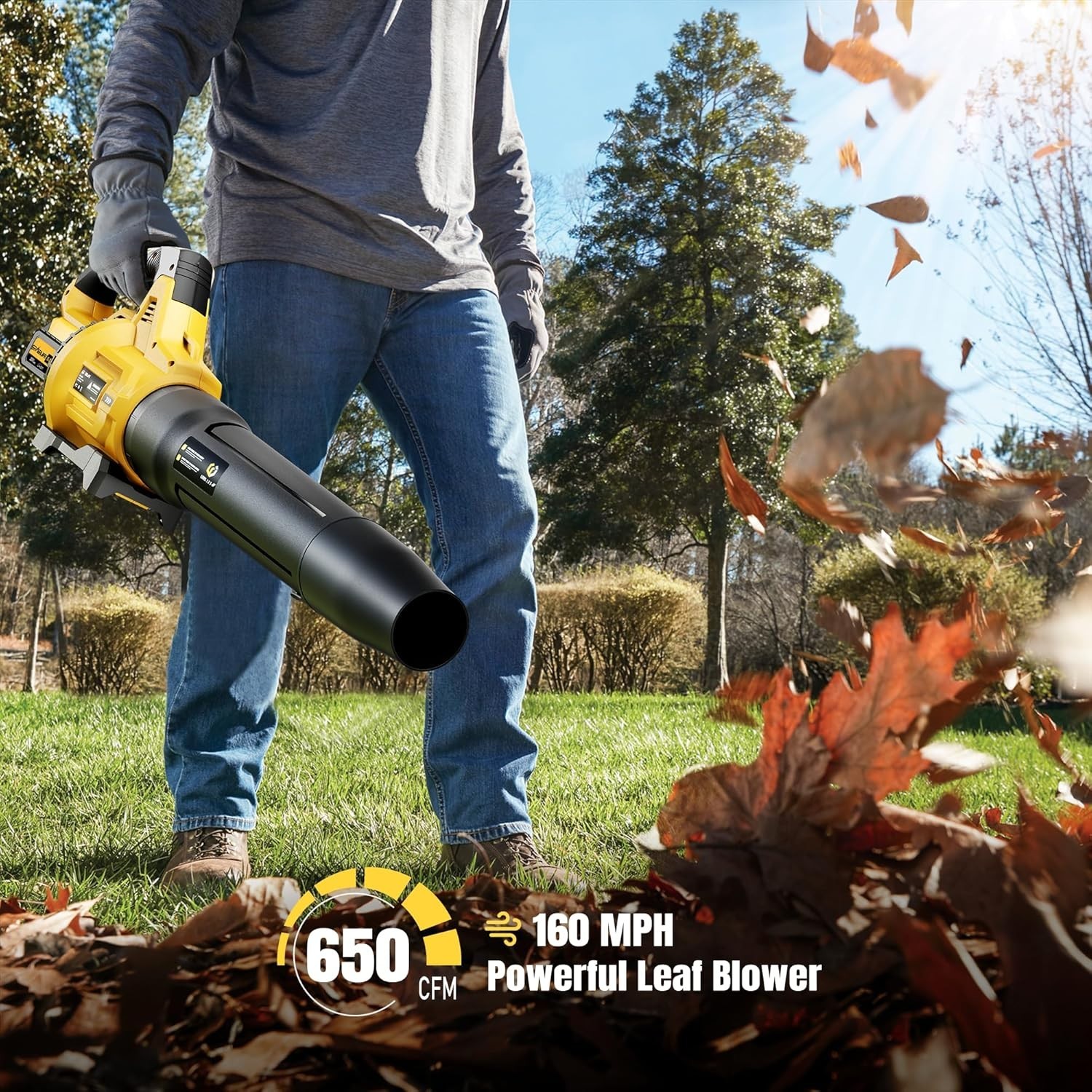 Cordless Leaf Blower 650CFM 3 Speed Levels 2 x 5.0Ah Battery Powered GEVEELIFE