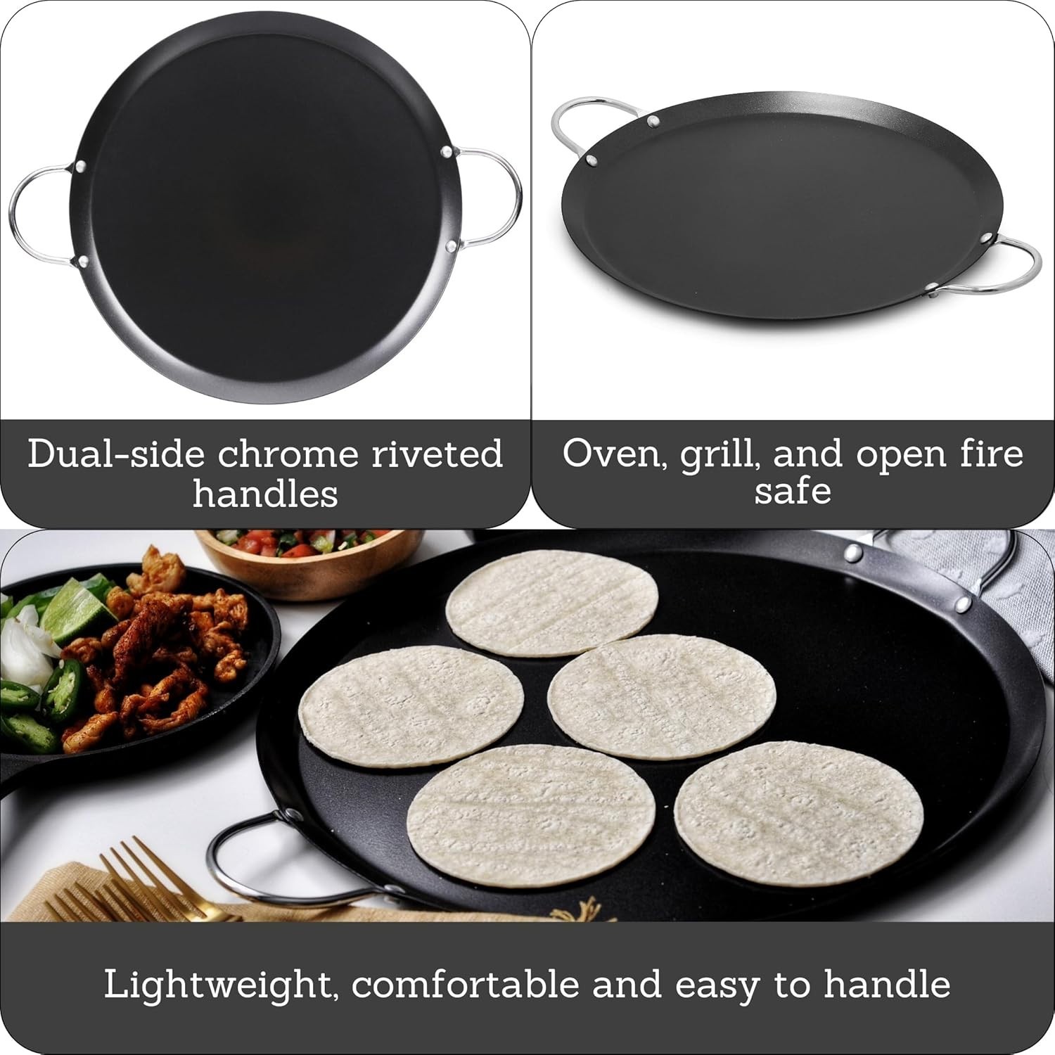 13.5in Carbon Steel Nonstick Round Comal with Metal Handles, Black | Chrome R…