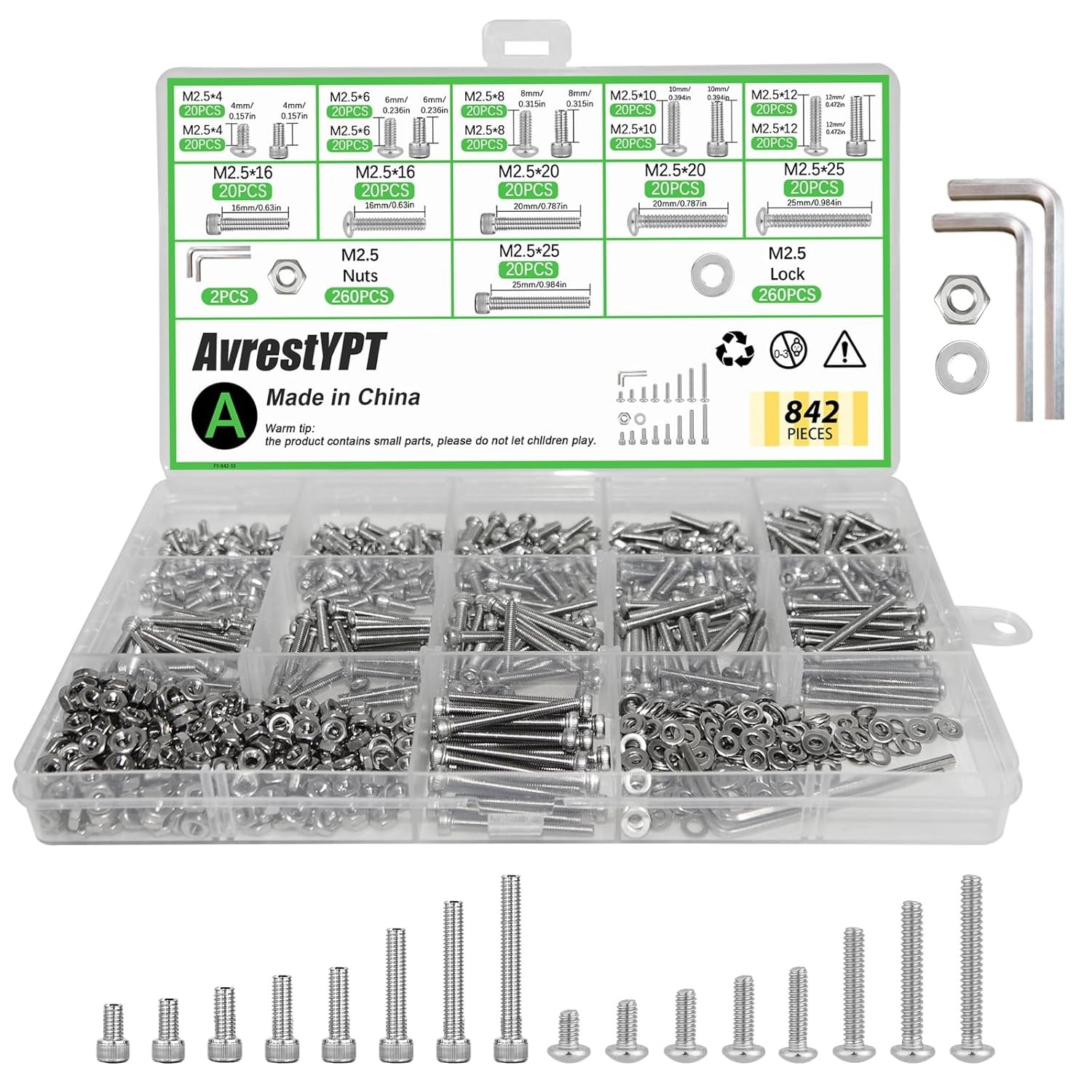 2360 Pcs M3 Hex Socket Button Head Cap Screws Bolts Nuts Washers Assortment Kit