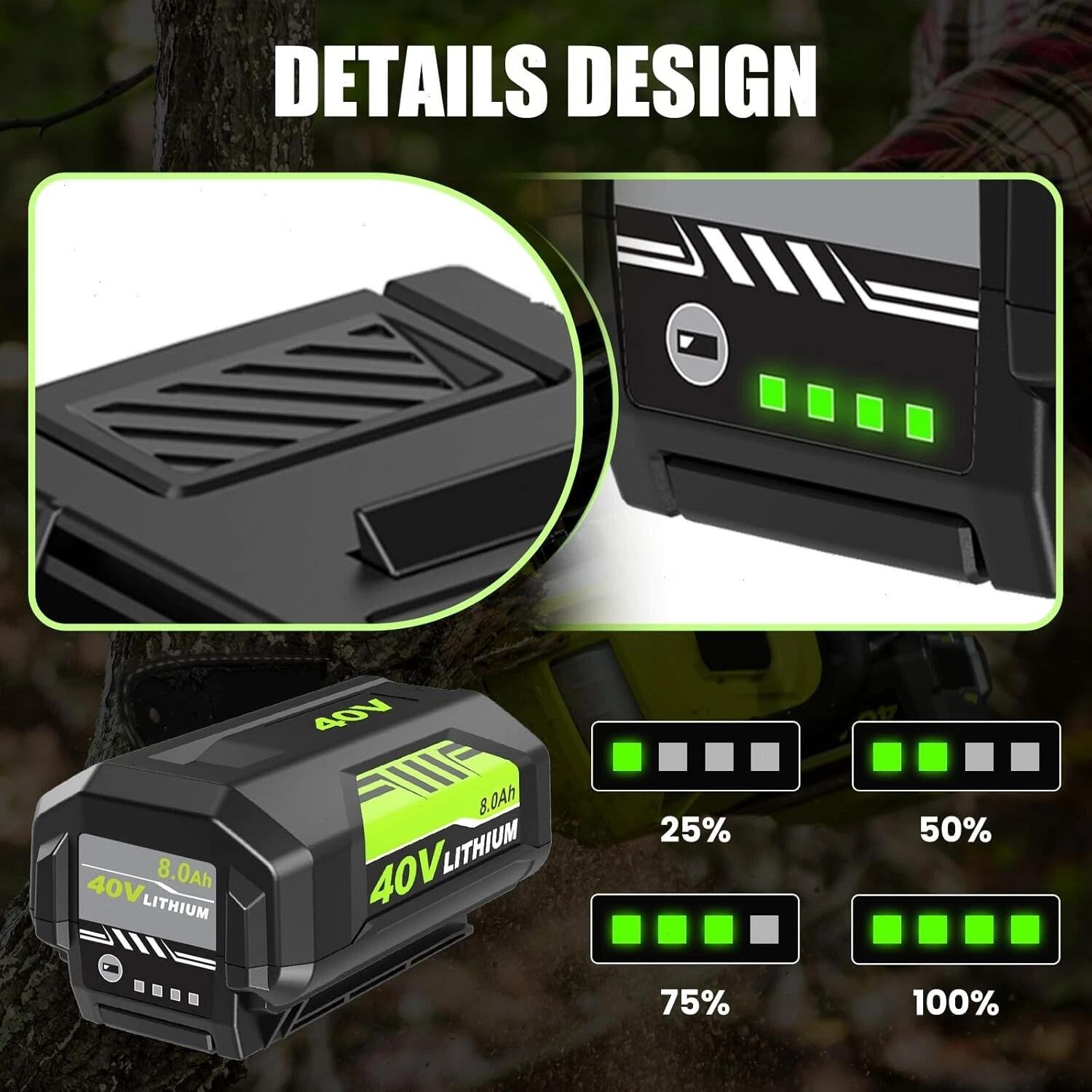 1/2PACK 8.0Ah Battery 40 Volt for Ryobi 40V Lithium-ion OP40602 Battery with LED