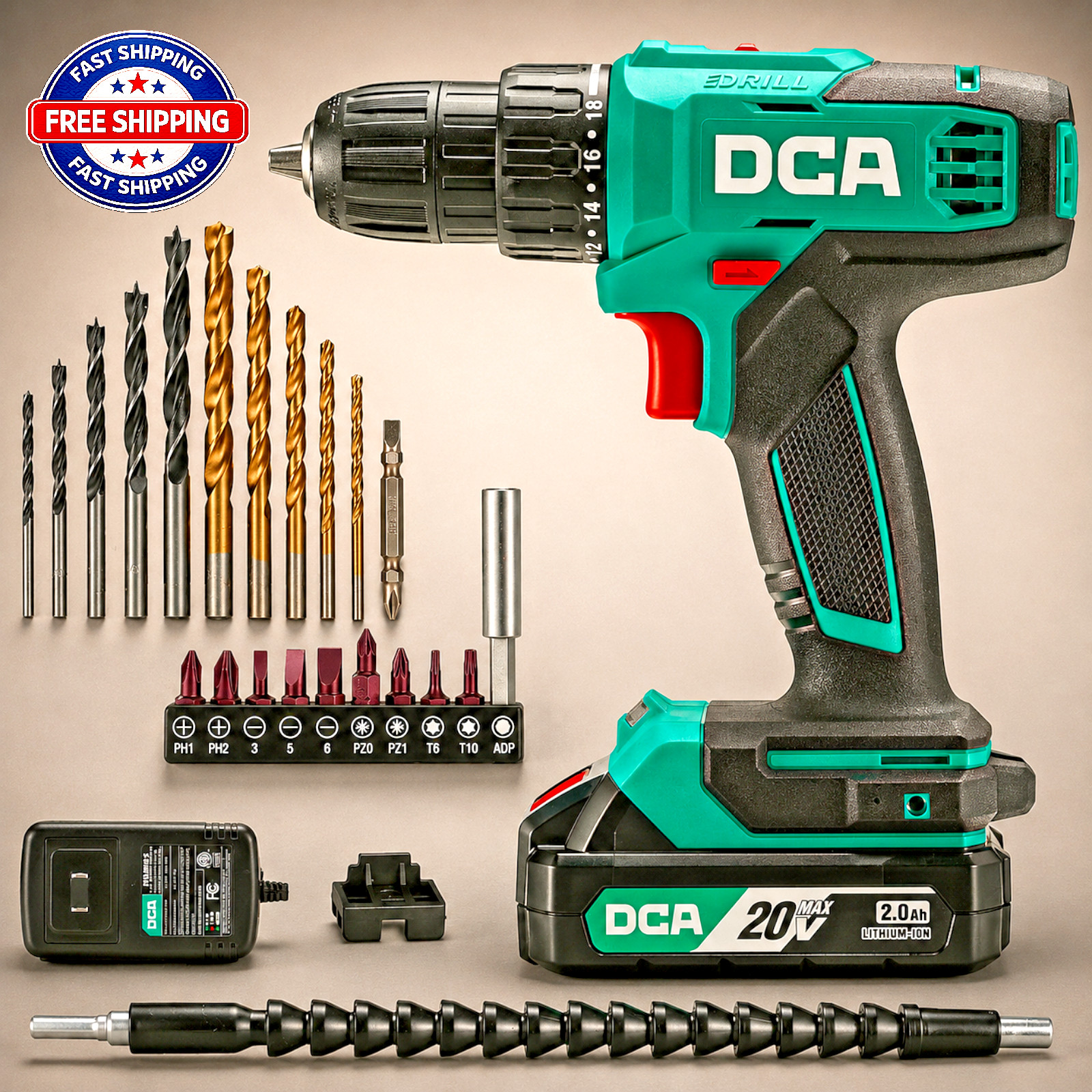 DCA Cordless Drill Set 354 in-lbs Torque 3/8″ Keyless Chuck Electric Power Drill