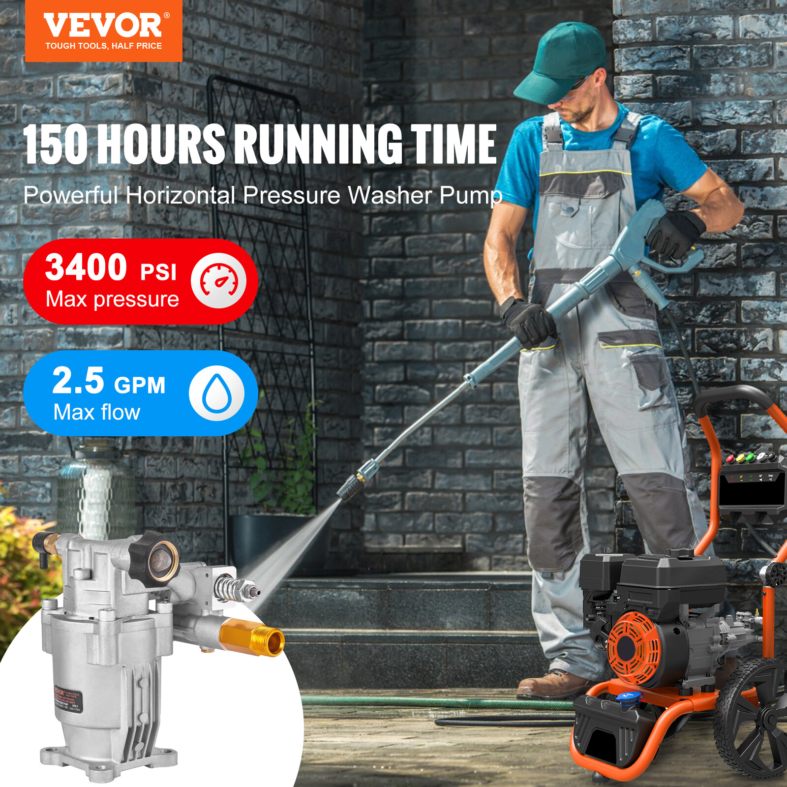 VEVOR Pressure Washer Pump Power Washer Pump 3/4″ Horizontal 3400 PSI 2.5 GPM