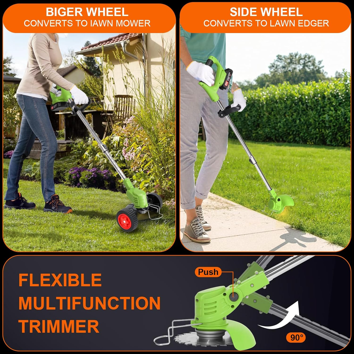 Stringless Weed Wacker Electric Weed Wacker Cordless with Wheels, 2pcs Batteries