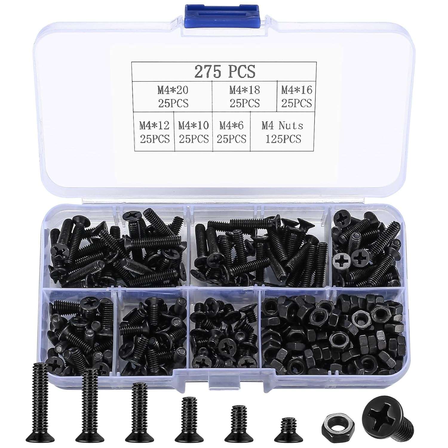 M4 Flat Head Machine Screws and Nuts Kit, 275 Pcs Black One Size,