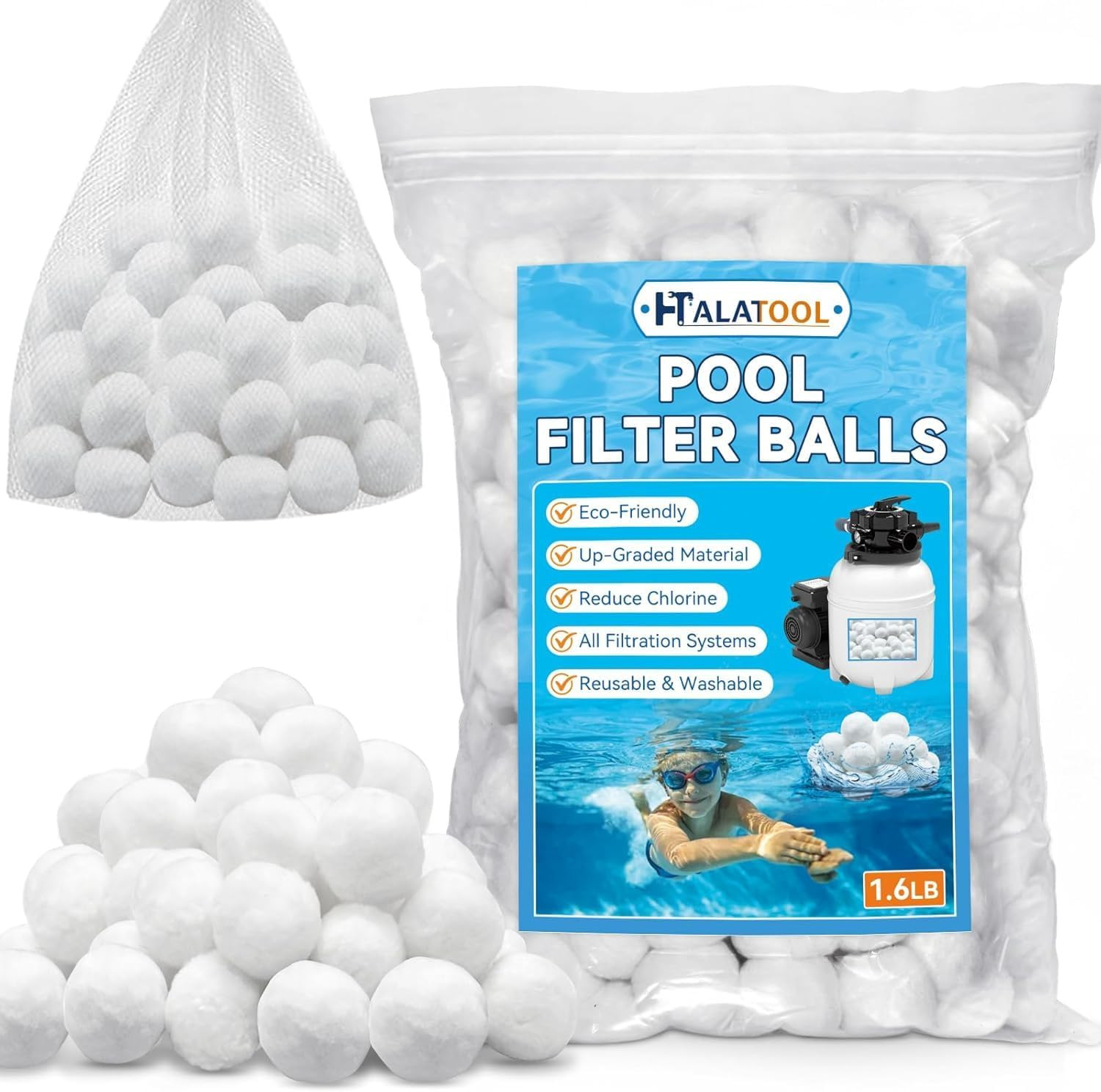 1.6 Lbs Pool Filter Balls for Sand Filters- Reusable High-Efficiency Filtration