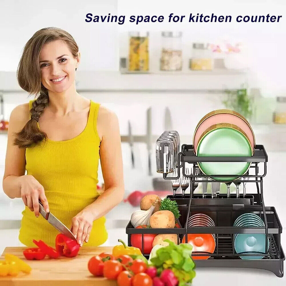 Over Sink Dish Drying Rack 2-Tier Stainless Steel Kitchen Shelf Cutlery Drainer