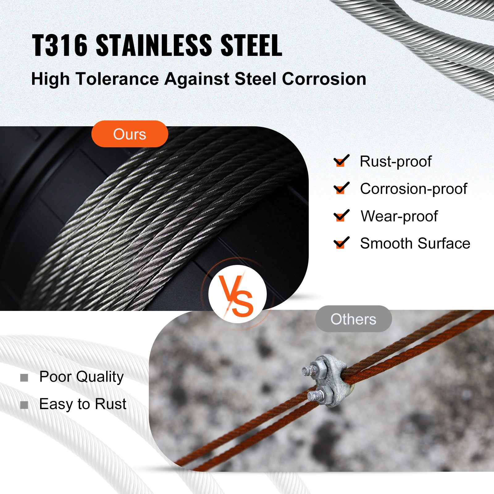 VEVOR T316 Stainless Steel Cable 1/8″ 7×7 Steel Wire Rope 500ft Cable Railing