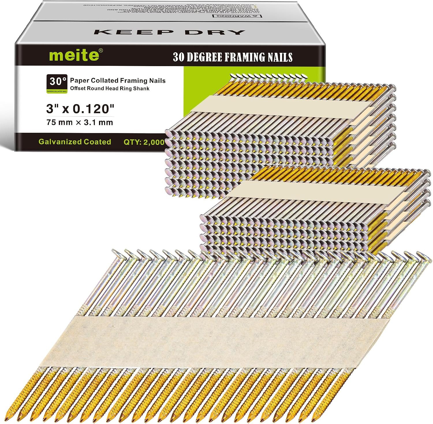 meite Framing Nails 30-Degree Offset Round Head Smooth Shank Galv. Framing Nails