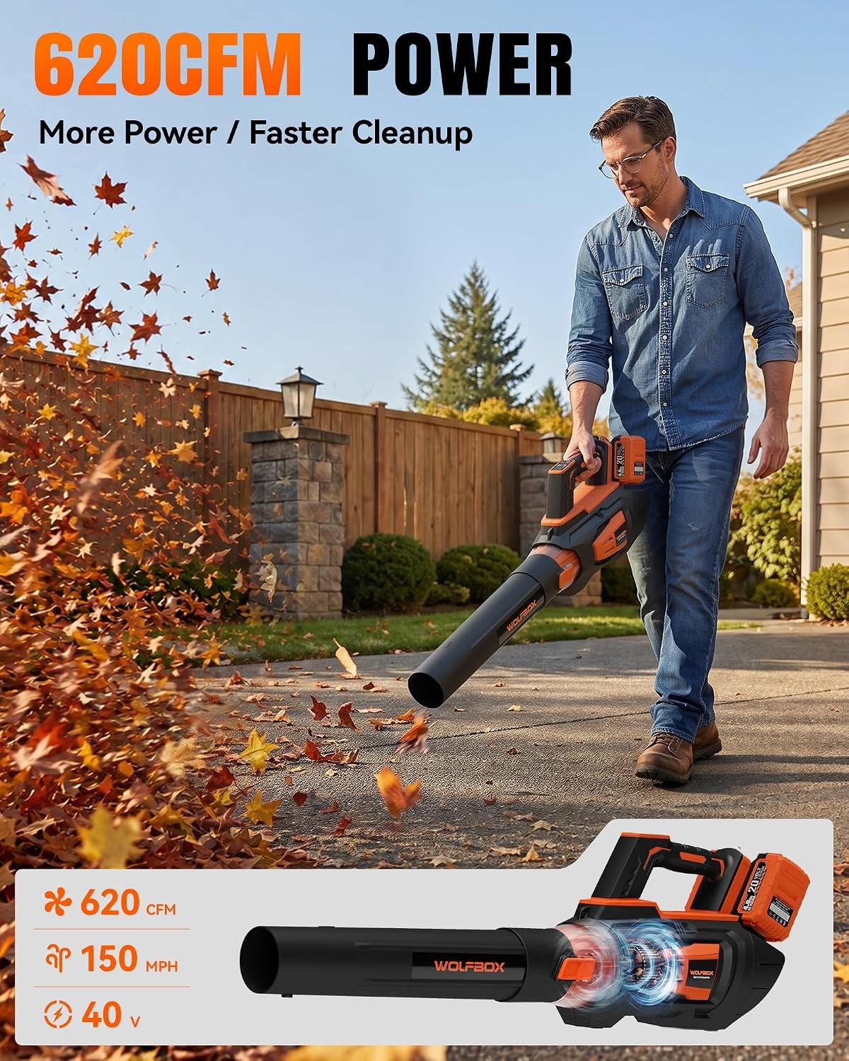 WOLFBOX MT600 Cordless Leaf Blower 620 CFM 150 MPH 2 Batteries Dual-Port Charger
