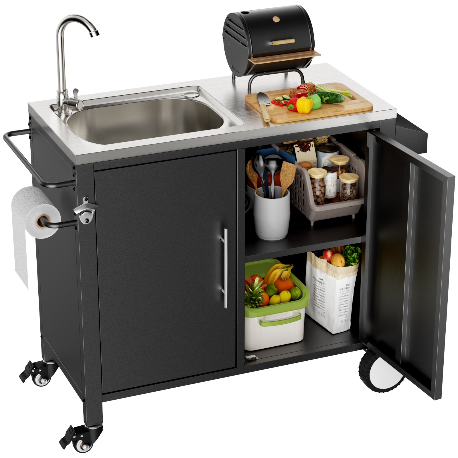 Outdoor Grill Cart Sink Station 304 Stainless Steel Cabinet Wheels 38x18x35in