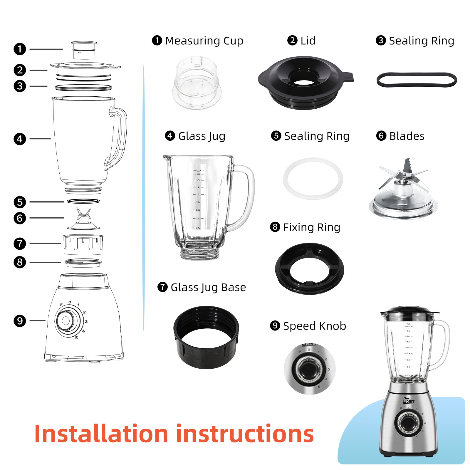 Blender Glass Stainless Steel 800W Ice Crusher Smoothie Jucie Universal Mixer