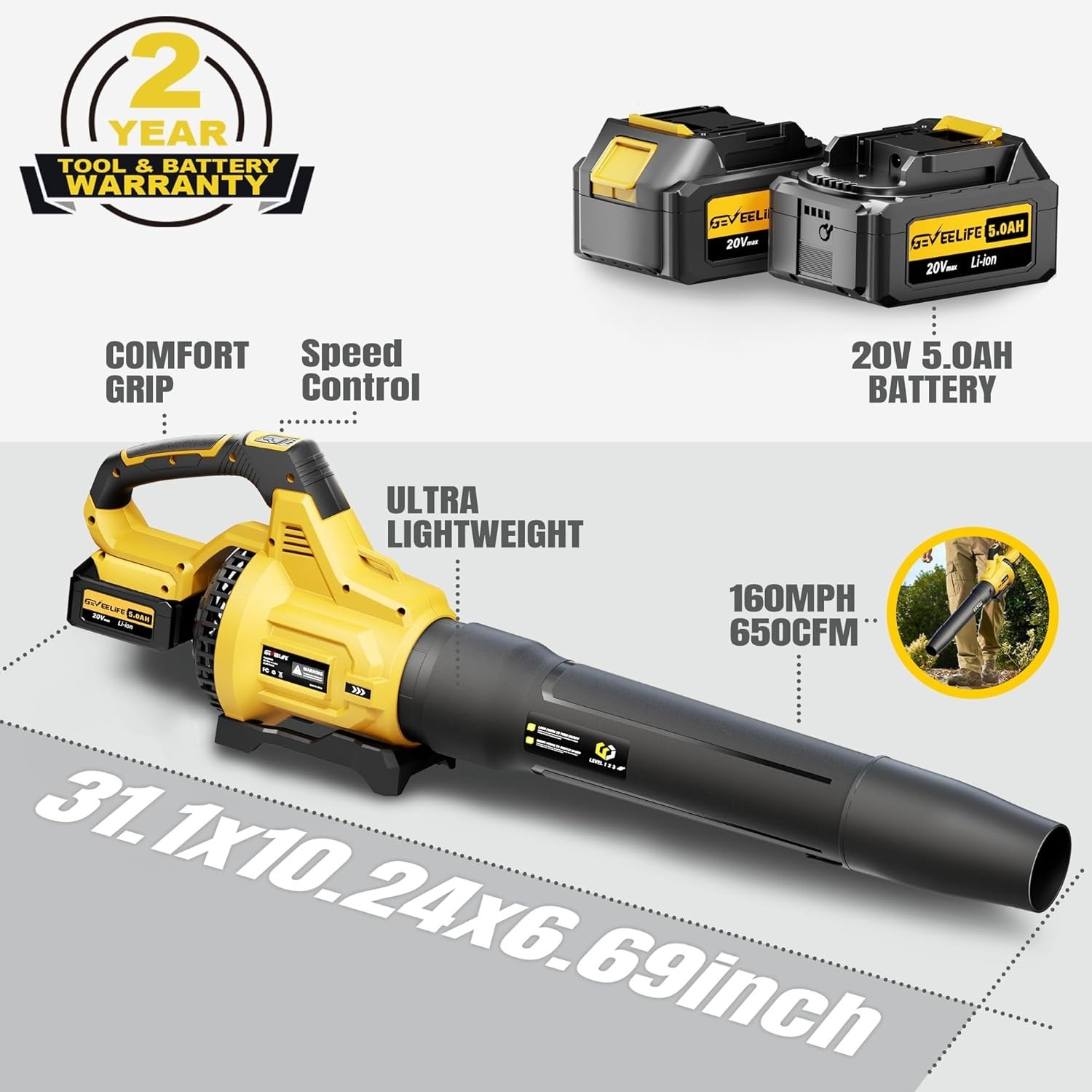 Cordless Leaf Blower 650CFM 3 Speed Levels 2 x 5.0Ah Battery Powered GEVEELIFE