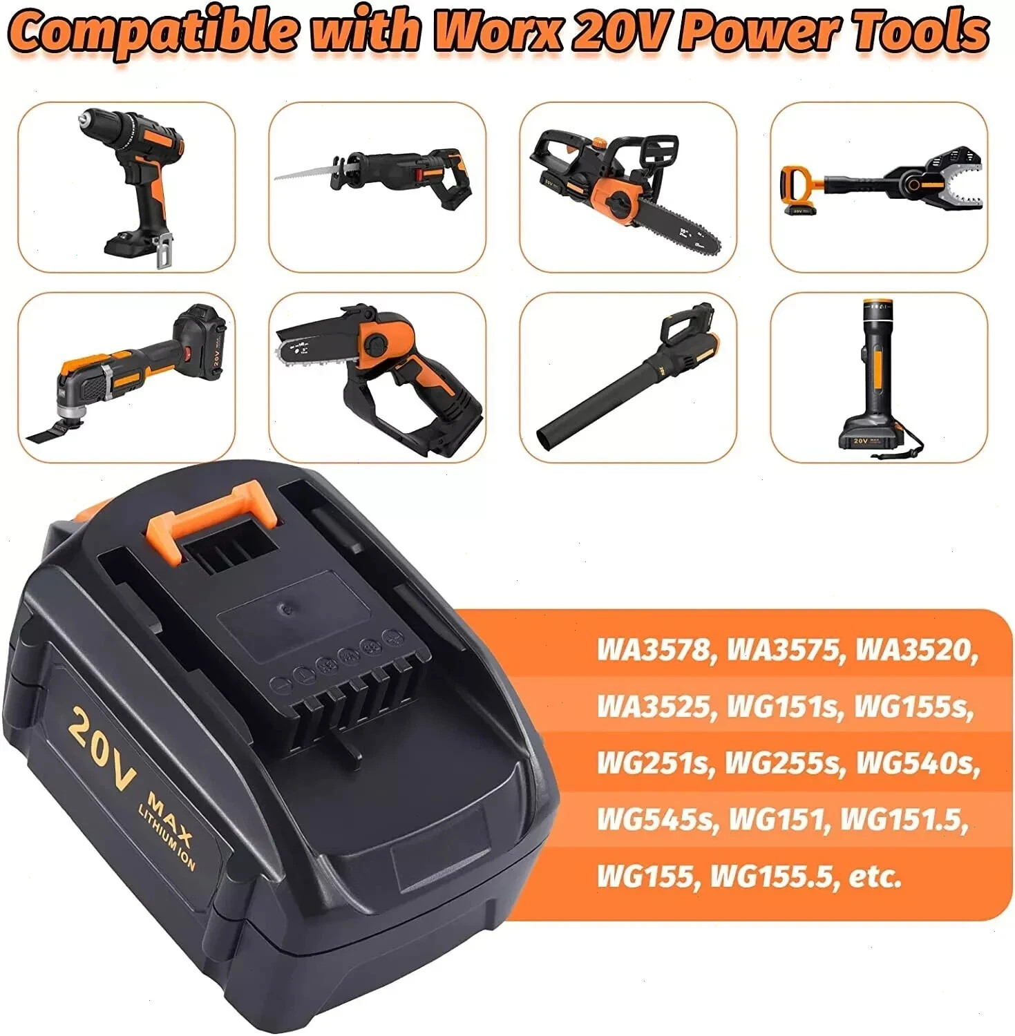 2PACK 8.0Ah For WORX 20V 8AH MAX Extend Lithium-Ion Battery WA3525 WA3575 WA3520