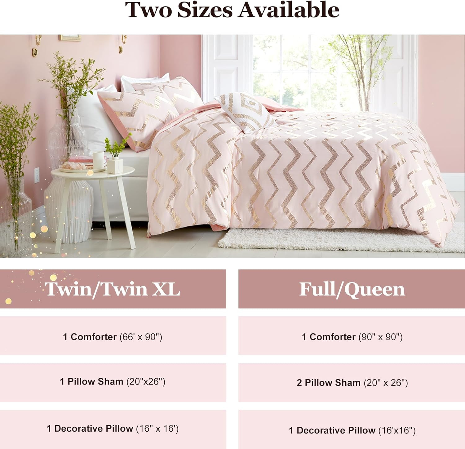 Twin Comforter Set for Teens and Adults, 3-Piece Pink and Gold Bedding, Warm and