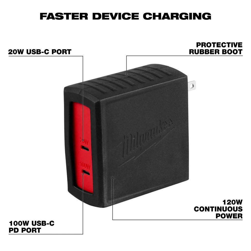 Milwaukee 120W Usb-C 2 Port Wall Adapter