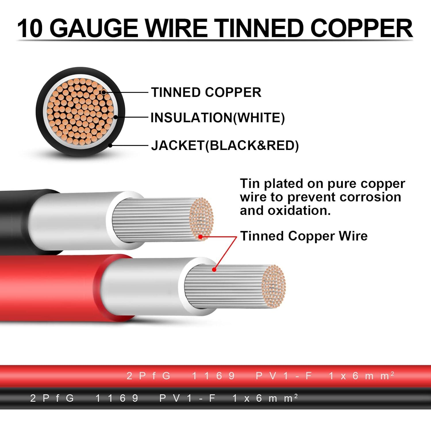 10 AWG Solar Panel Extension Cable PV Wire Solar Connector Pair Black & Red 6mm²