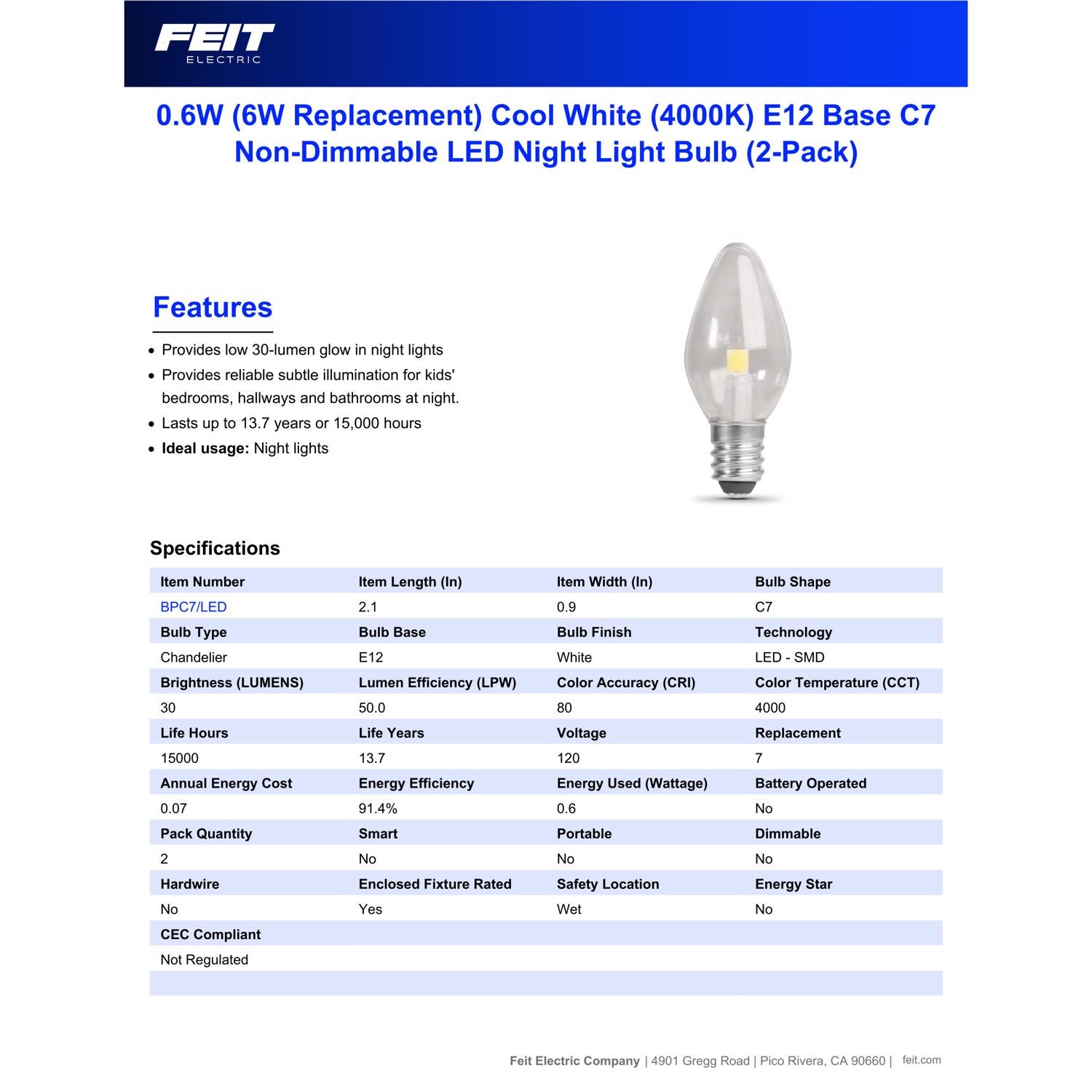 Feit Electric BPC7/LED 4000K 1W 120V E12 C7 White Incandescent Night Light Bulb