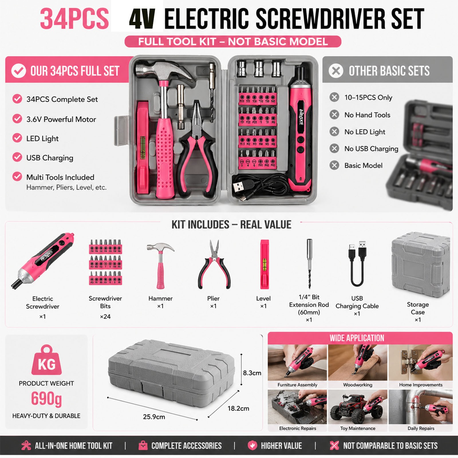 4V Cordless Electric Screwdriver 1300mAh USB Rechargeable 34pc DIY Home Tool Kit