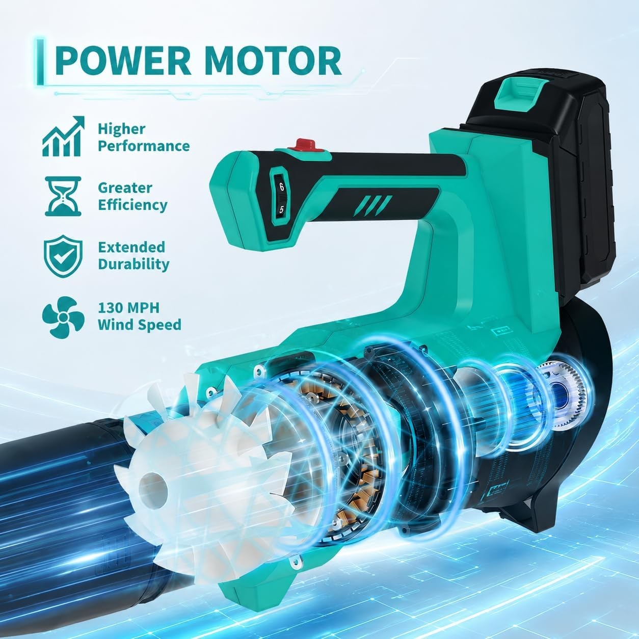 Cordless Leaf Blower 550CFM 130MPH 6 Speed Electric Lawn Blower with 2 Batteries