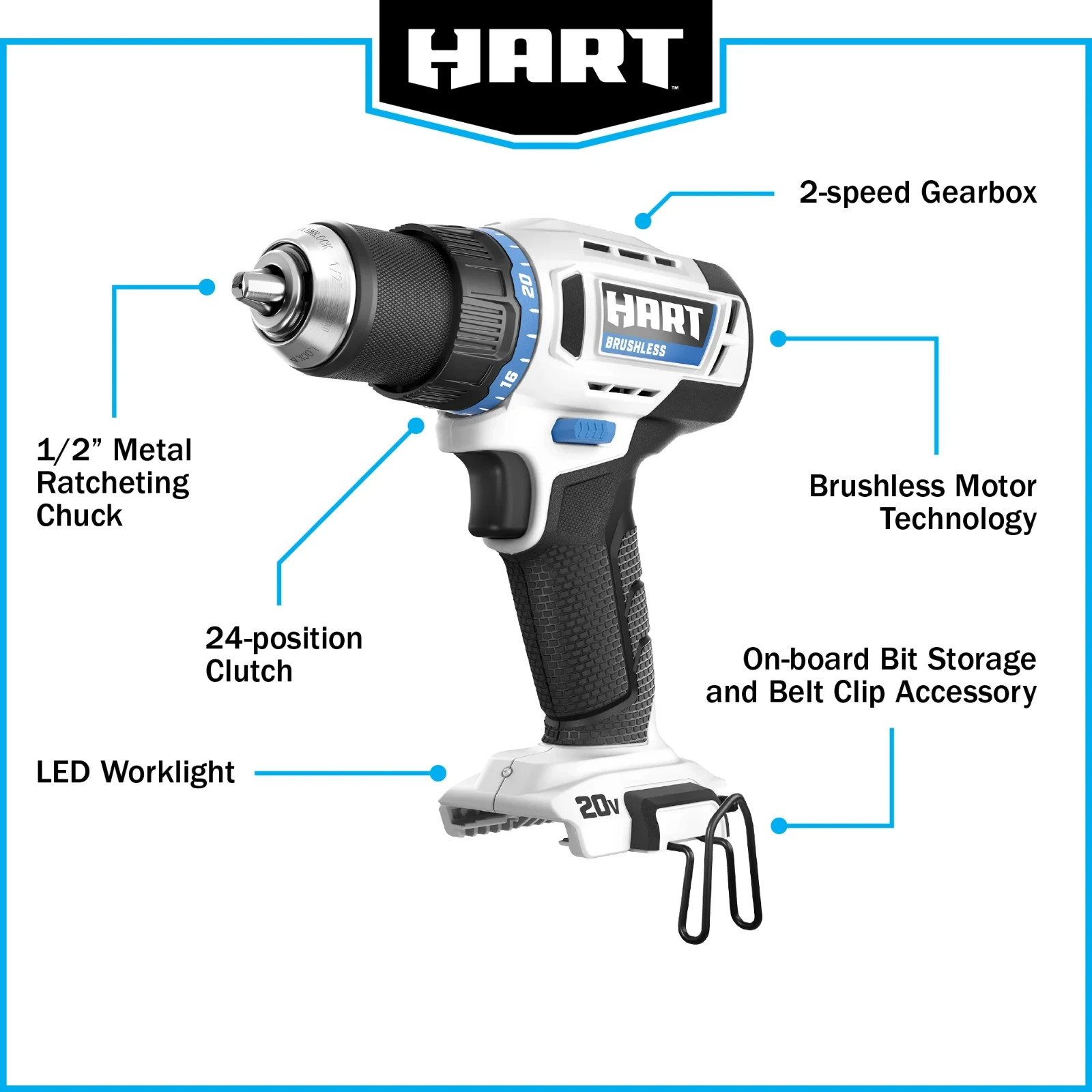 HART 20V Brushless Cordless 1/2″ Drill/Driver (Battery & Charger NOT Included)