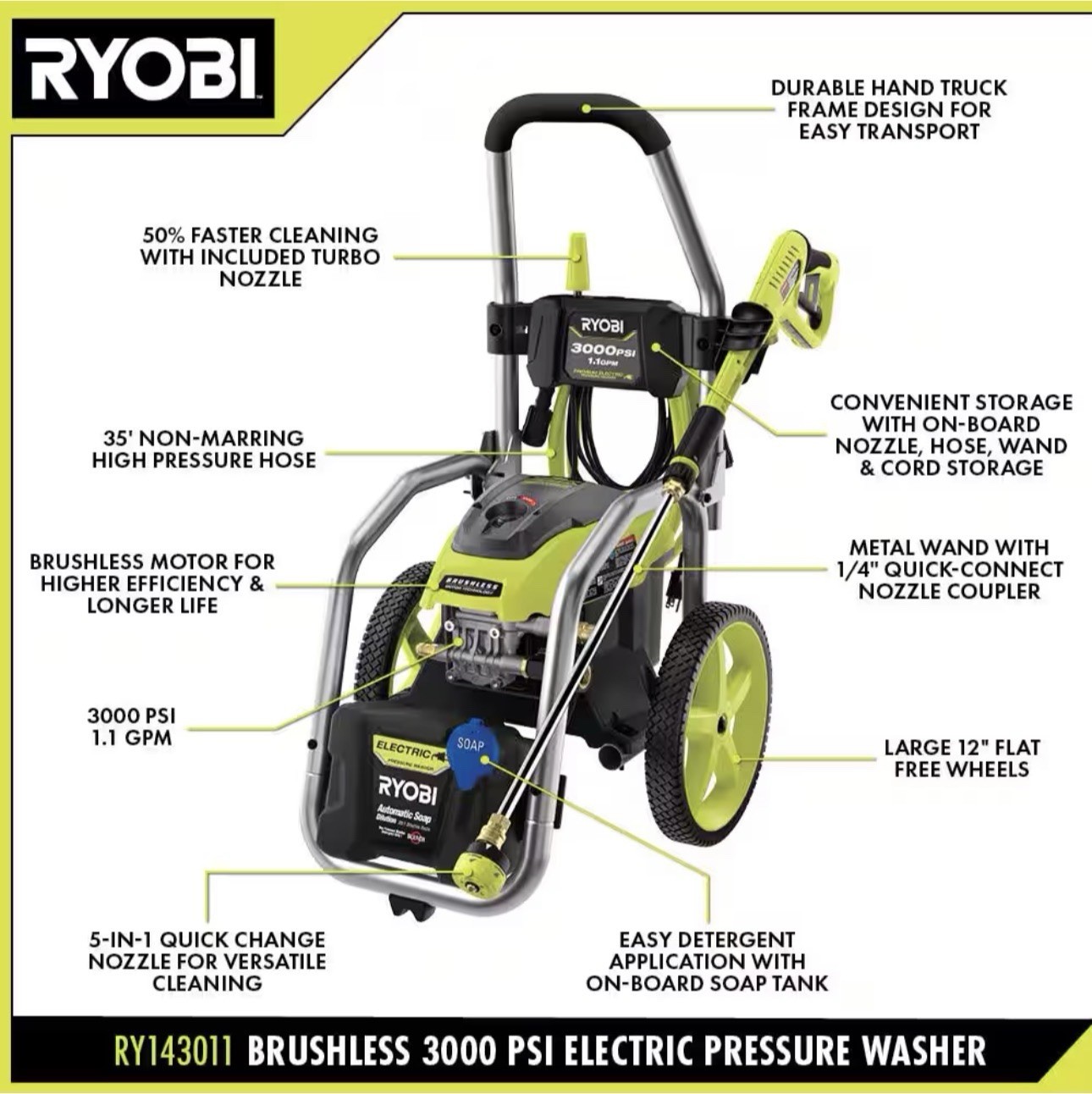 RYOBI RY143011 Brushless 3000 PSI Corded Pressure Washer w/ Surface Cleaner