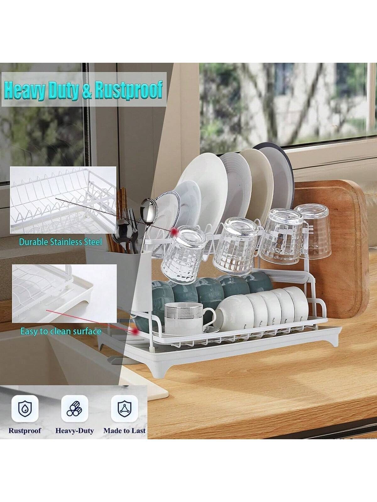 2-Tier Over Sink Dish Drying Rack Stainless Steel Kitchen Shelf Cutlery Drainer
