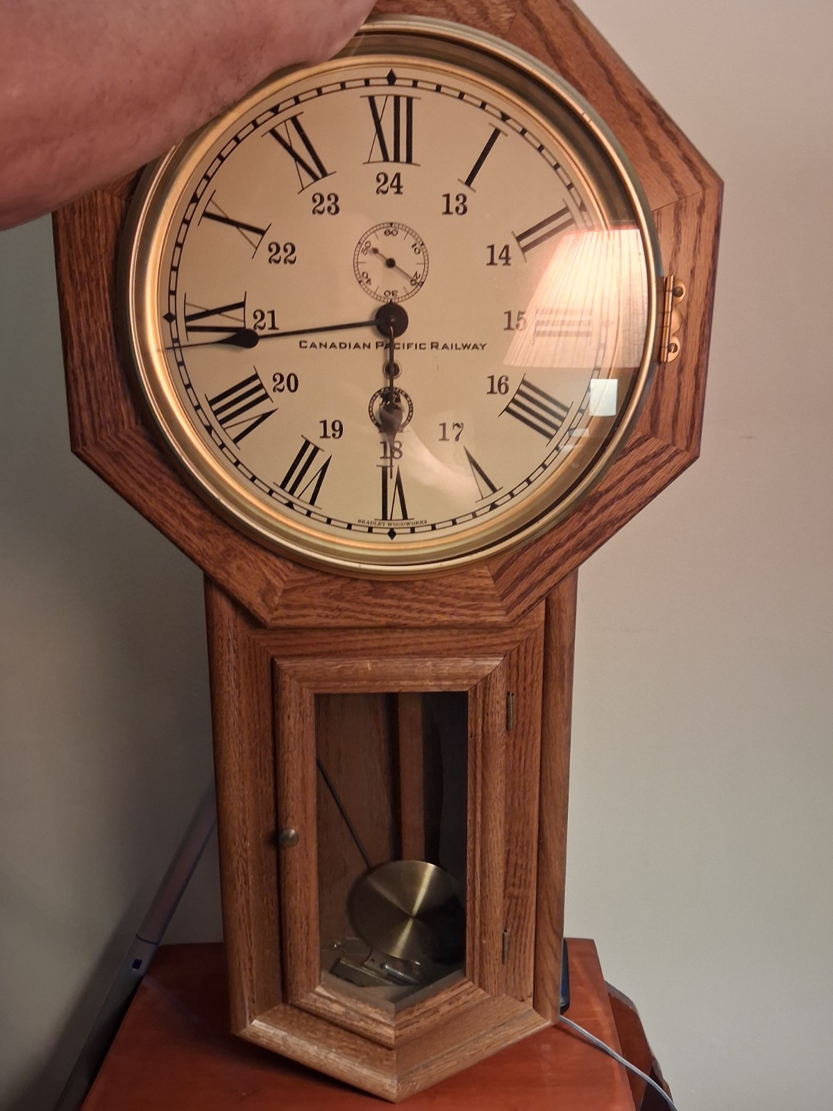 Bradley Woodworks Octagon Wood Hanging Wall Clock w/ Pendulum, Roman Numerals