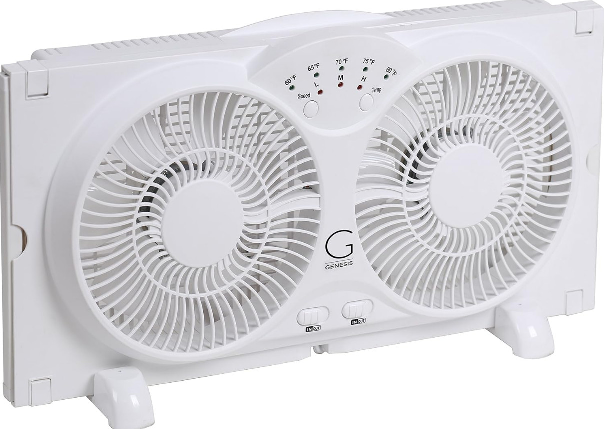 GENESIS Twin Window Fan Adjustable Thermostat Reversible Airflow 24 in. Wide