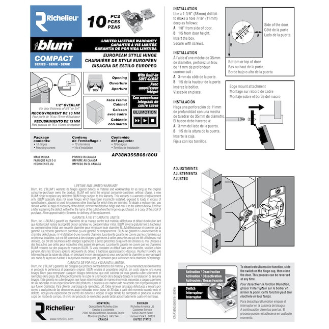 30X Blum 1/2-in Overlay Soft Close Concealed Cabinet Hinge 105 Degree European