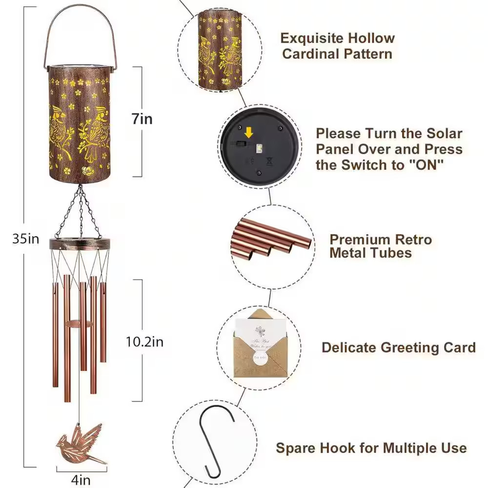 35 In. Metal Cardinal Wind Chimes for Outside