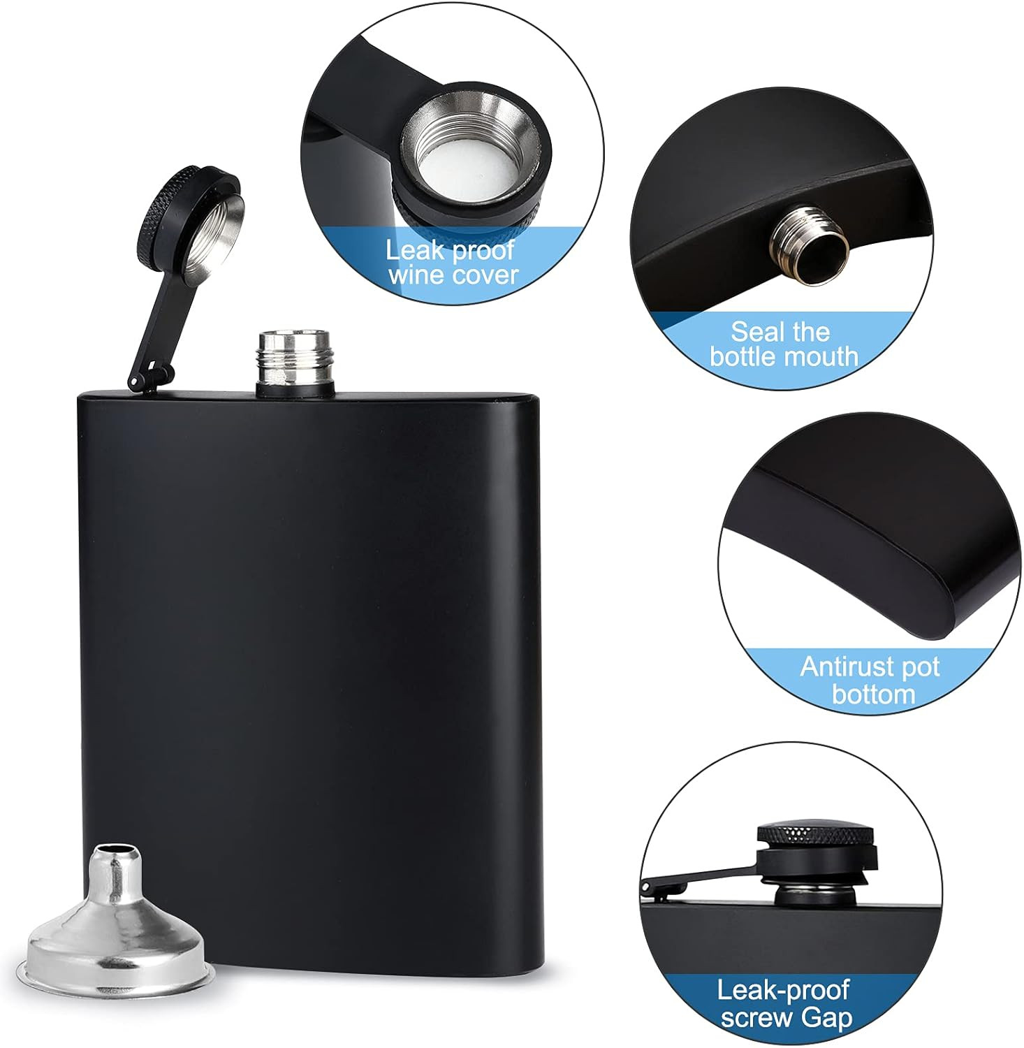 2 Pack Stainless Steel Hip Flask Set with Funnel & Cups Matte Black 8oz 12oz