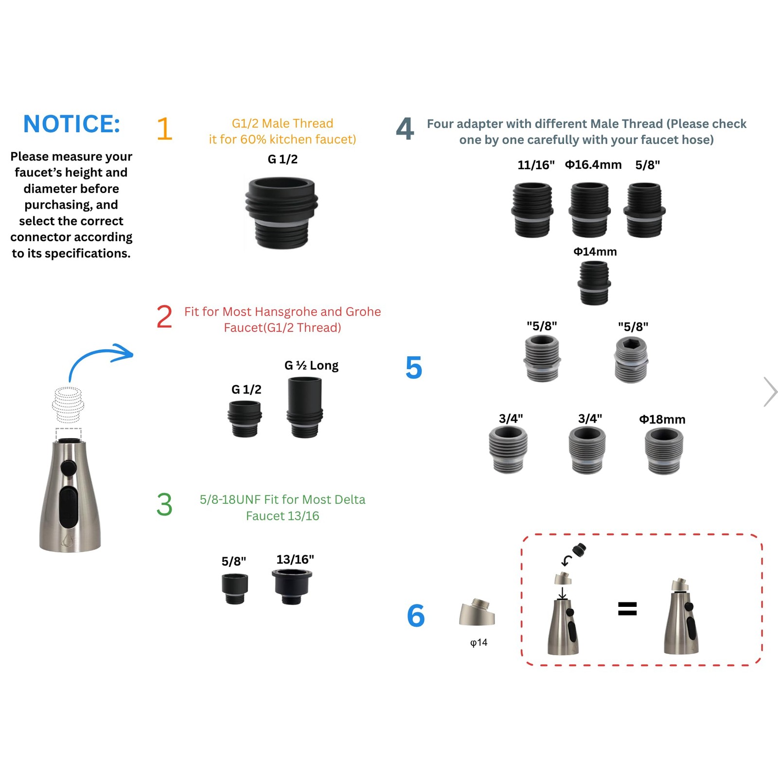 EcoKitchen5Stars Universal Pull-Down Kitchen Faucet Head ‎Brushed Nickel