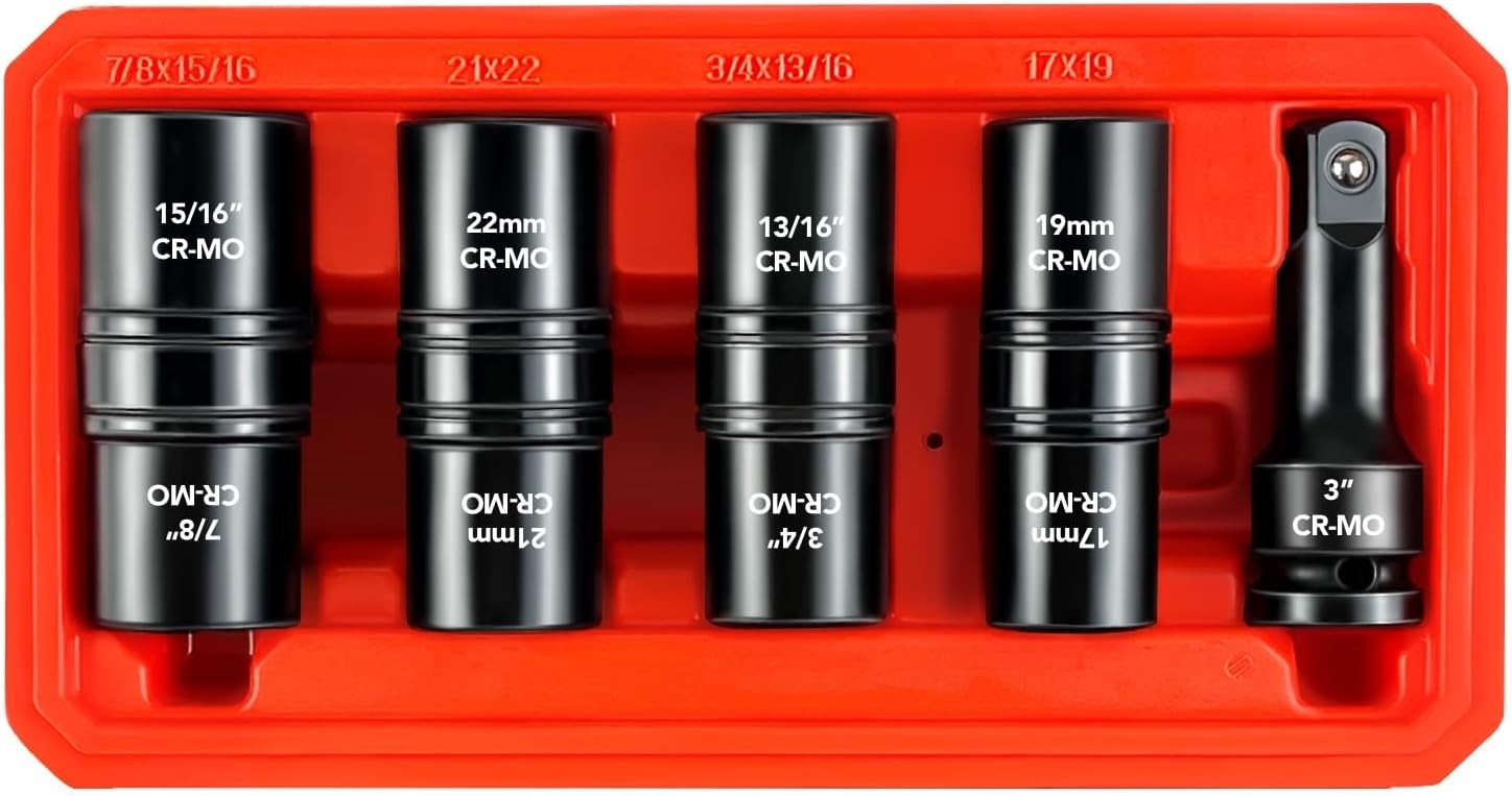 1/2″ Drive Flip Lug Nut Socket Set, 5-Piece Double Sided Thin Wall Wheel Protect