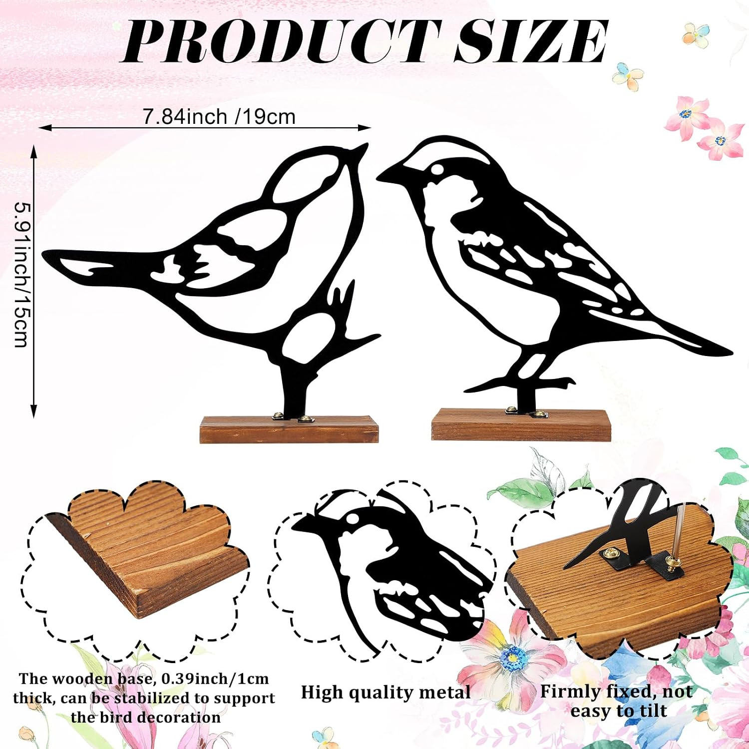 2Pcs Metal Bird Figurines Rustic Tabletop Decor with Wooden Base 5.91in