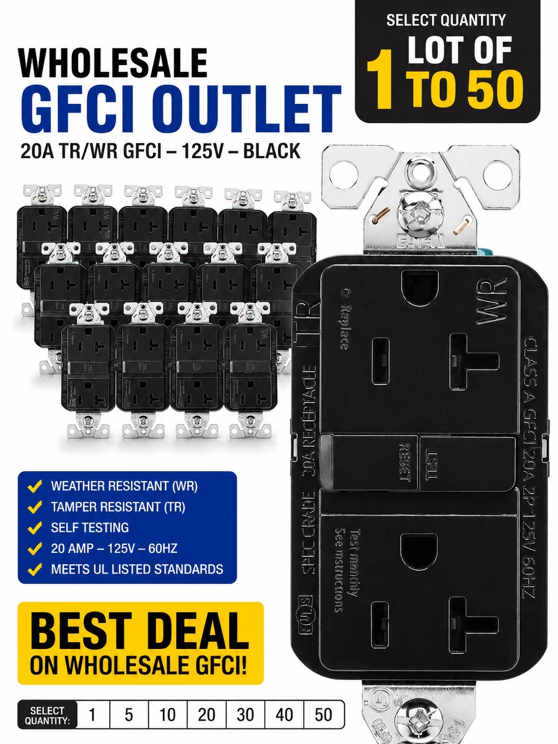 Eaton GFCI Outlet TWR Slim Tamper Weather Resistant 125V TWRGF20BK (Bulk 1-50Ct)