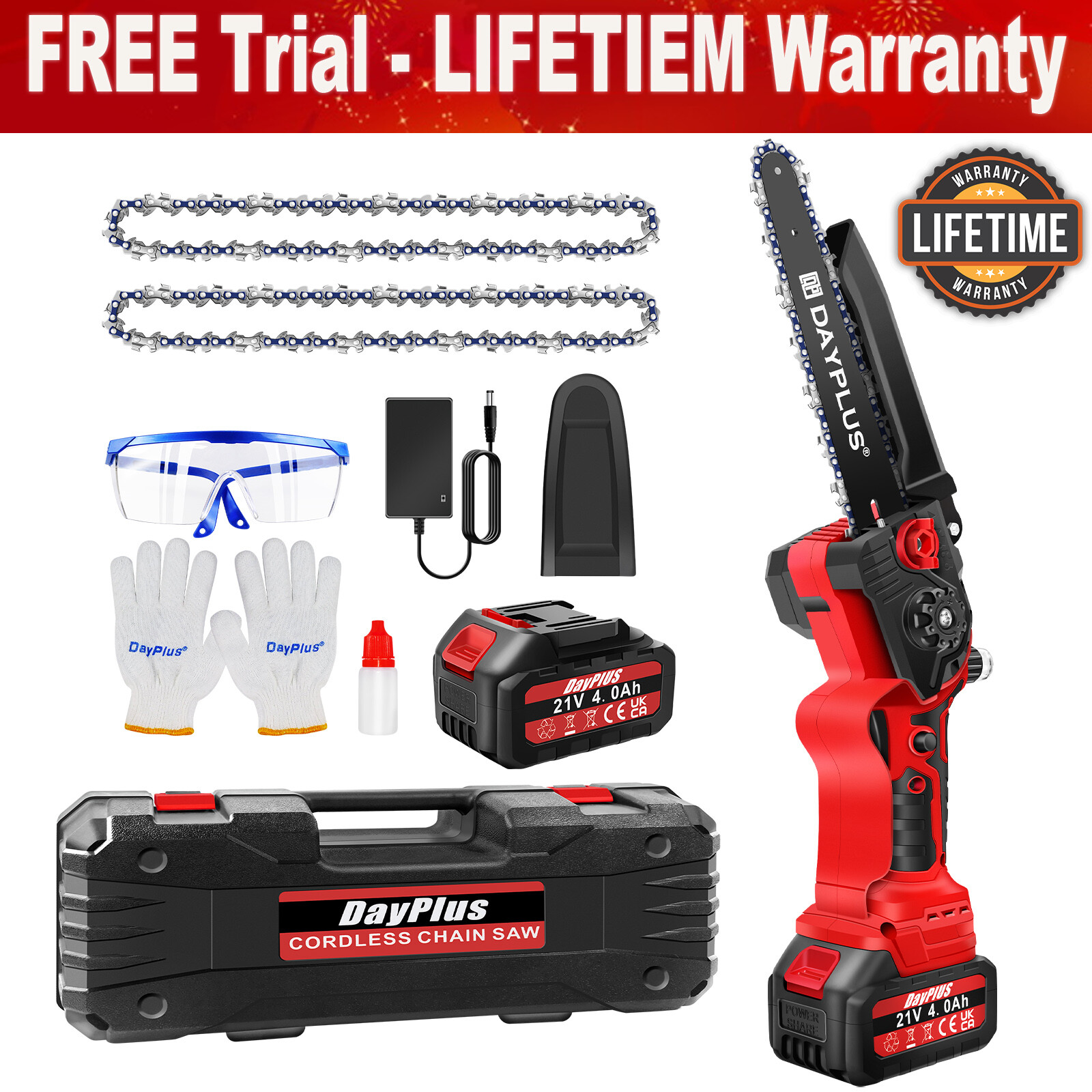 8 inch 21V Mini Chainsaw/Cordless Lightweight One-hand Electric 2x Saw Battery