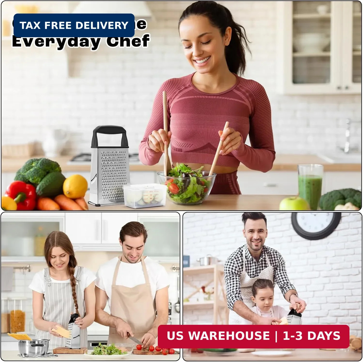Box Cheese Grater Stainless Steel with Container Handle 4-Sided Shredder Black