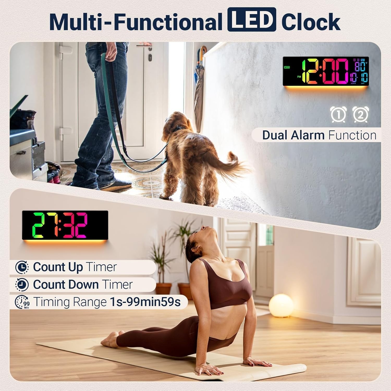 Large LED Digital Clock, 11 Color Changing, Remote Control, Multicolor
