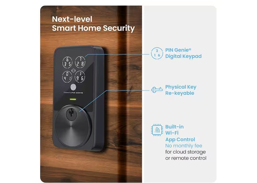 Lockly Pin Genie Pro Smart Lock, Wi-Fi, Siri/Google/Alexa, Keypad, Matte Black