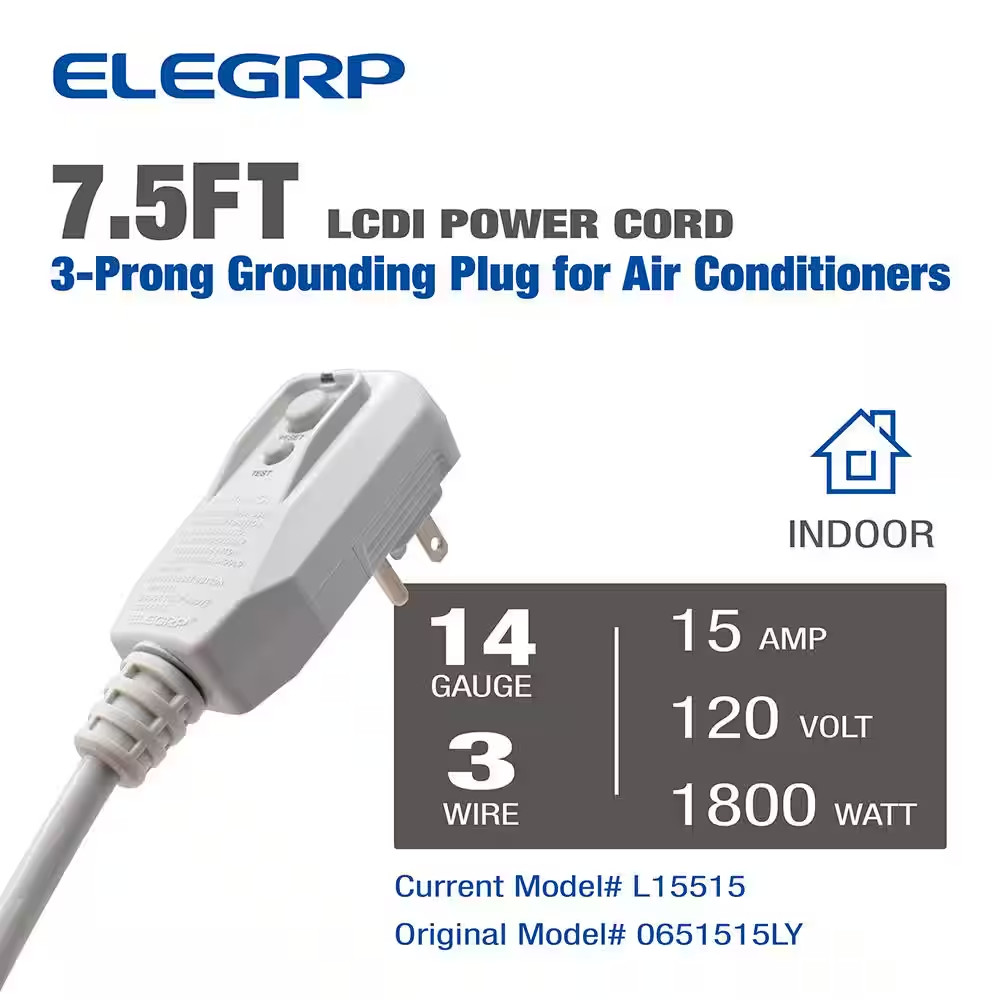 7.5Ft. 120V 15Amp 1800W LCDI Power Cord Plug for Air Conditioner,Leakage Current
