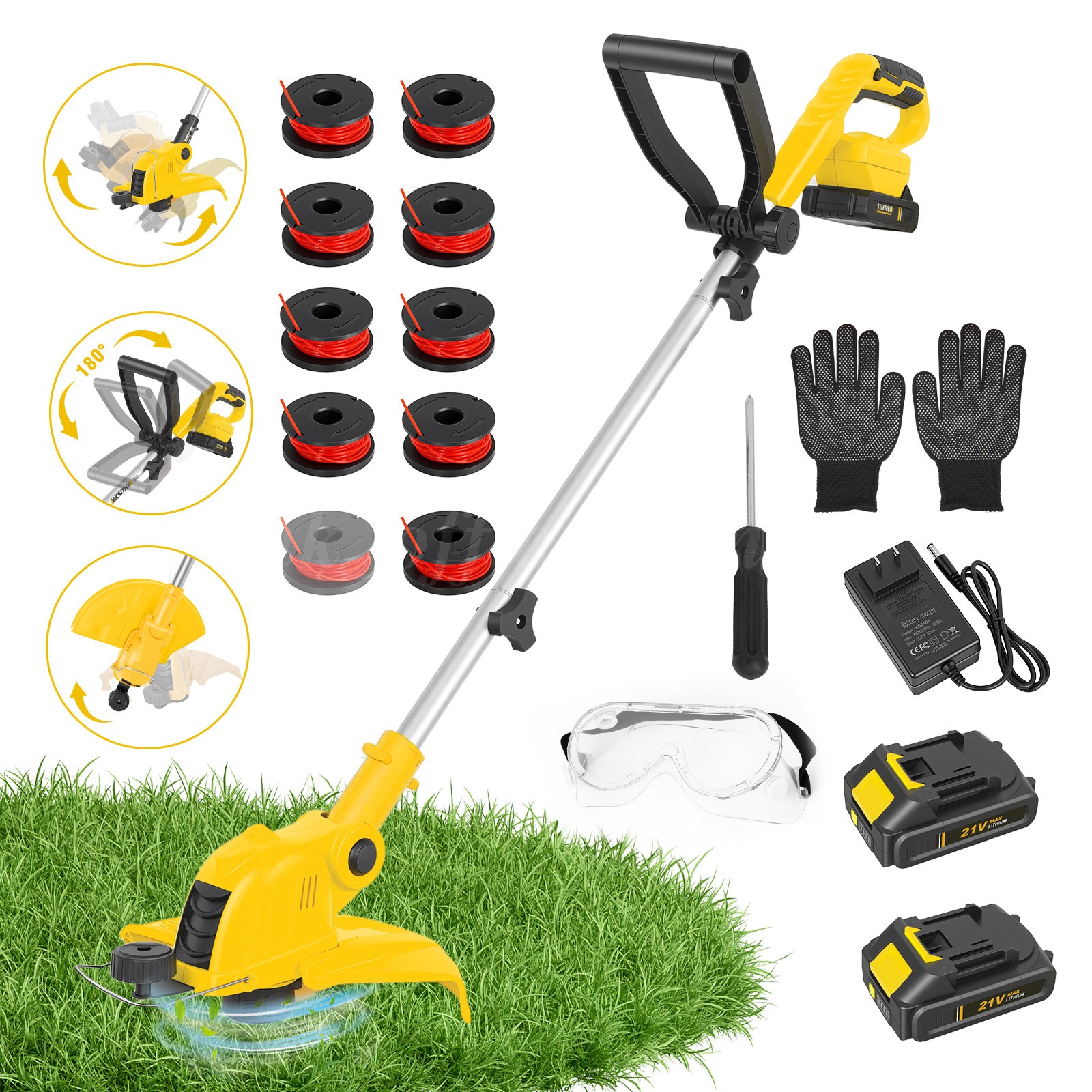 21V Cordless String Trimmer with 2Ah Batteries Fast Charger 12” Edger Yellow